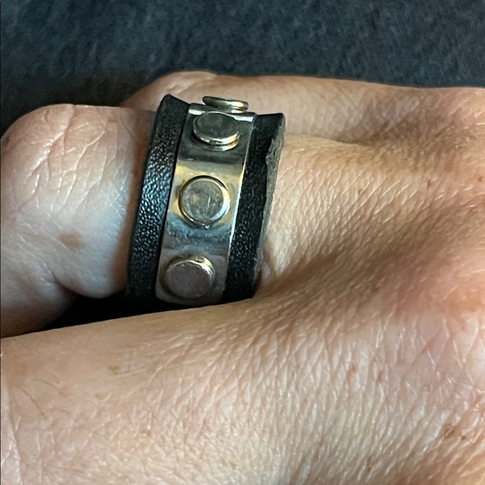 Artisan Black Leather Ring with Silver Stud Accents - Picture 3 of 14